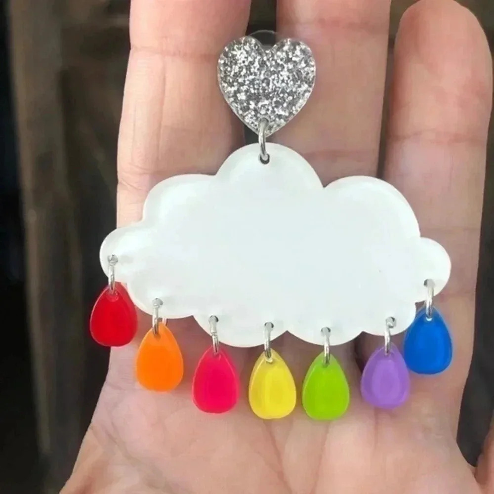 Big Rainbow Rain Cloud Fun Funny Whimsical Earrings NWT